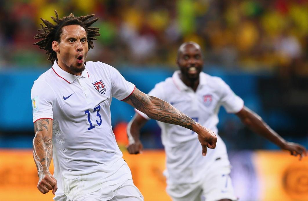 Jermaine Jones celebrates after scoring his team's first goal during the 2014 FIFA World Cup Brazil Group G match between the United States and Portugal at Arena Amazonia on June 22, 2014 in Manaus, Brazil (Photo by Kevin C. Cox/Getty Images)