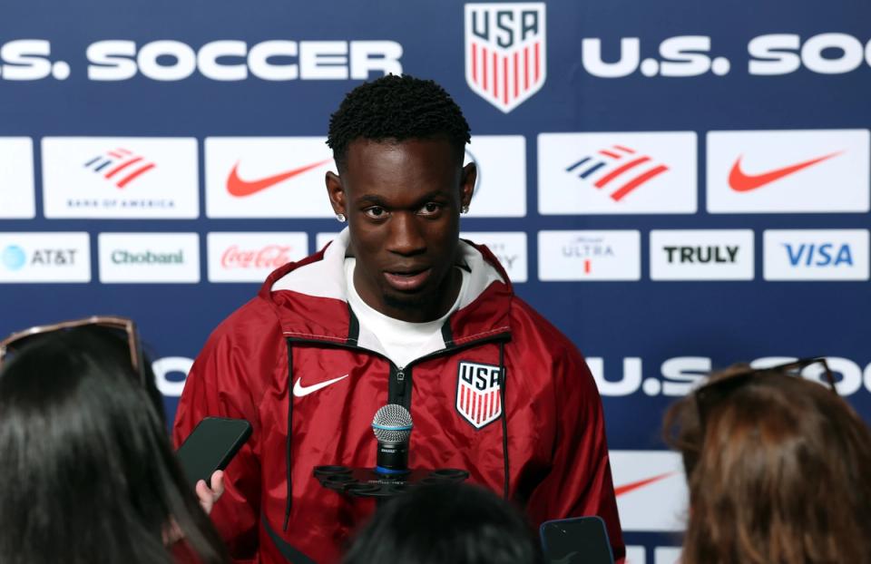 Folarin Balogun of the United States talks to the media on Sunday, June 28 in Irvine, California. (Photo by Jamie Squire/Getty Images)
