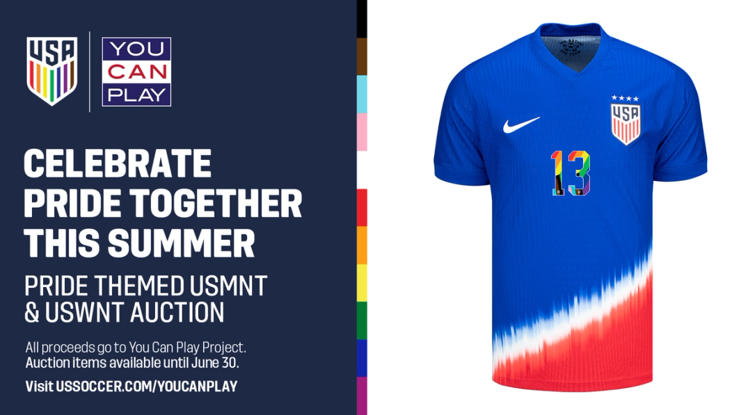 USSF Rainbow Crest and You Can Play logo with text Celebrate Pride Together This Summer. Pride Themed USMNT & USWNT AUTION. All proceeds go to You can Play project. Auction items available until June 30. Visit ussoccer.com/youcanplay