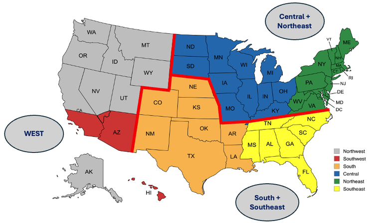 Map of the USA splitting up the different Talent ID regions