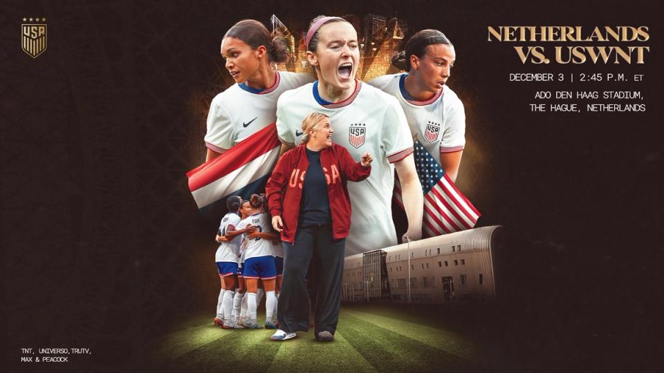 A graphic of Rose Lavelle, Sophia Smith, Mallory Swanson and Emma Hayes, a Netherlands and USA flag and text Netherlands vs USWNT December 3 2:45 p.m. ET Ado Den Haag Stadium; The Hague, Netherlands