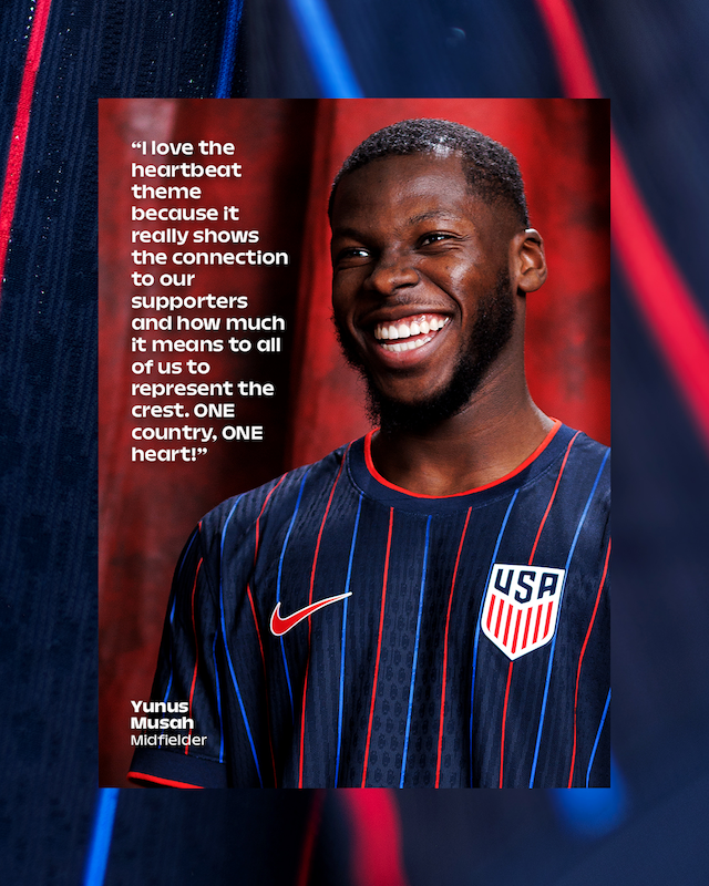 Yunus Musah wearing dark striped heartbeat kit. Quote reads I love the heartbeat theme because it really shows the connection to our supporters and how much it means to all of us to represent the crest. one country. one heart!