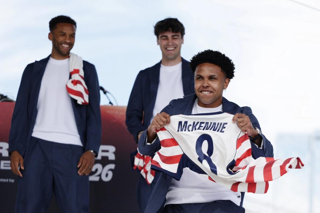 Weston McKennie on stage during the roster reveal in New York City. (Photo by Adam Hunger/Getty Images)