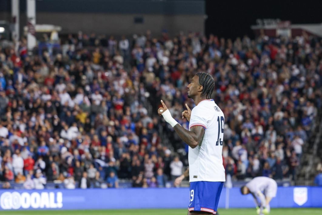 Haji Wright #19 of the United States celebrates scoring during the second half against Australia on October 14, 2025 in Commerce City, Colorado. (Photo by John Dorton/ISI Photos/USSF/Getty Images)
