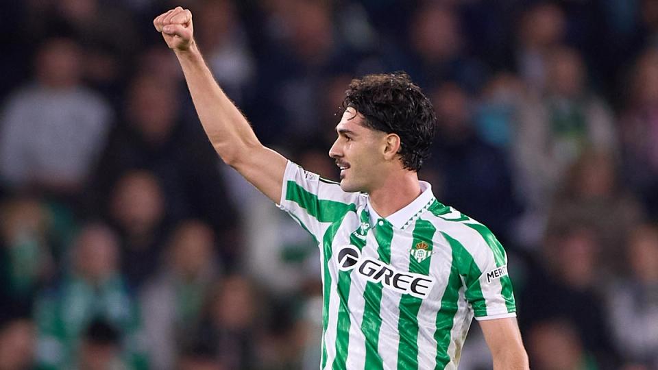 Johnny Cardoso celebrates after scoring for Real Betis