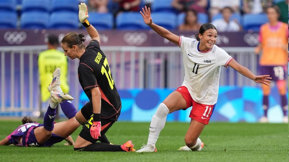 Sophia Smith celebrates after scoring the game-winning goal in the USA's semifinal win over Germany at the 2024 Olympics.