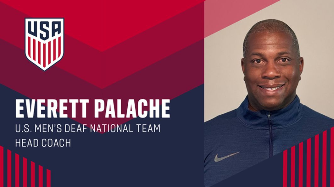 Graphic with text Everett Palache US Mens Deaf National Team Head Coach with a photo of Everett Palache