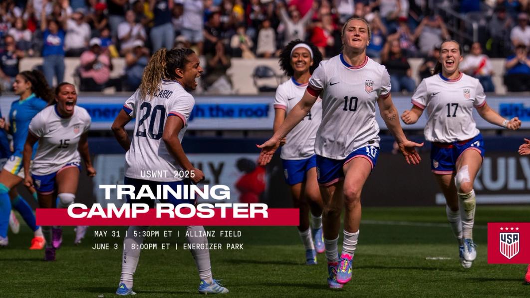 Lindsey Heaps celebrating with Lily Yohannes and Sam Coffey in the background text reads training camp roster may 31 june 3