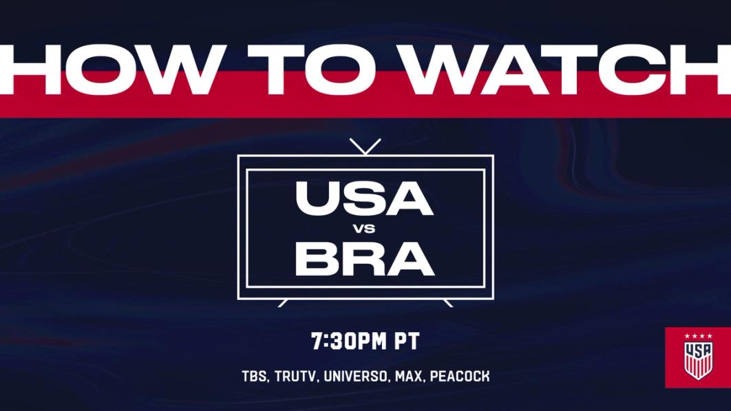 graphic in blue text how to watch USA v BRA 7:30 PM PT