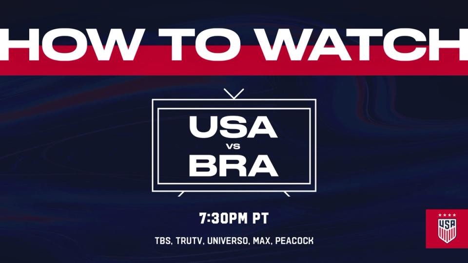 graphic in blue text how to watch USA v BRA 7:30 PM PT
