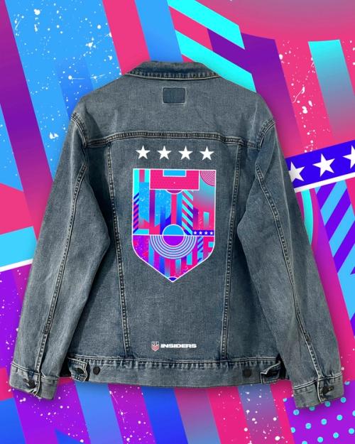 A photo of the insiders exclusive shebelieves cup denim jacket