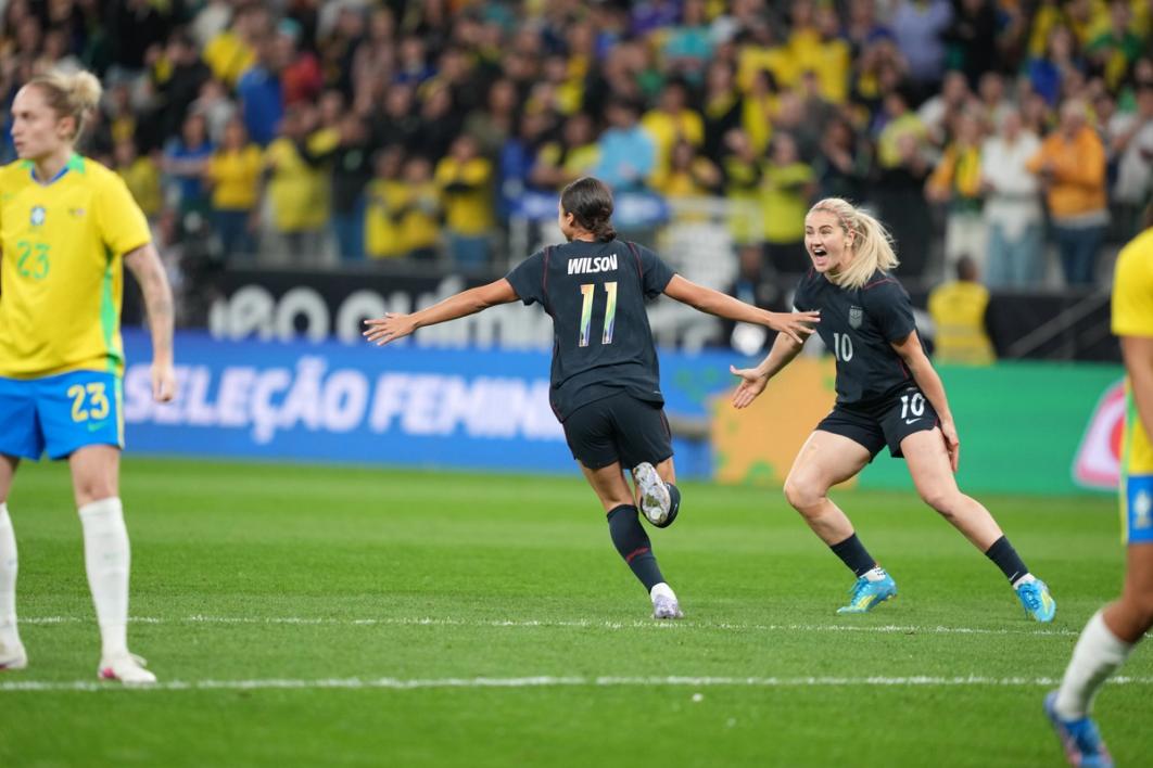 Sophia Wilson celebrates with teammate Lindsey Heaps after scoring a goal during the match between Brazil and United States at Neo Quimica Arena on June 06, 2026 in Sao Paulo, Brazil. (Photo by Brad Smith/USSF/Getty Images)