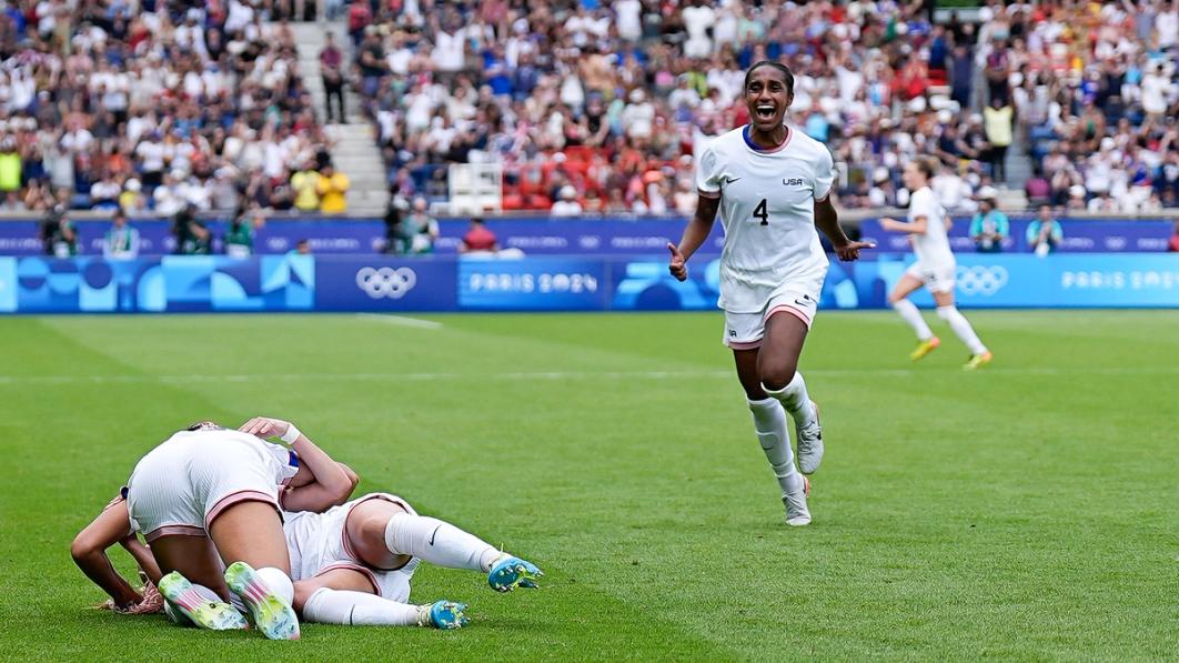 Trinity Rodman, Emily Fox and Naomi Girma celebrate Rodman's game-winning goal vs. Japan.