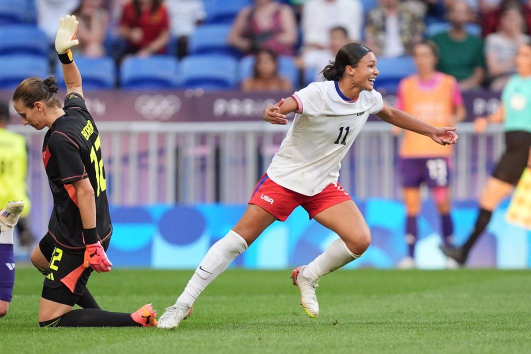 Sophia Smith celebrates her extra time goal against Germany in the 2024 Olympics