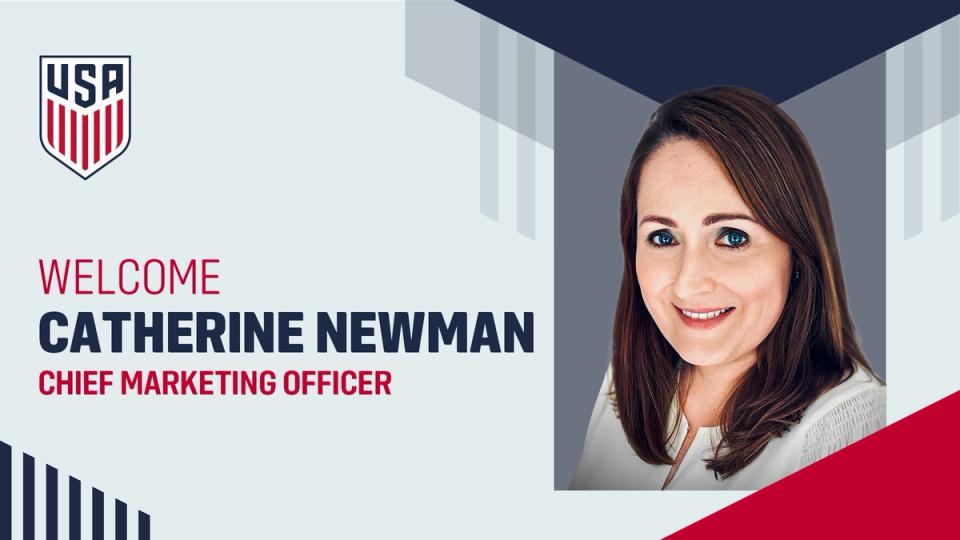 Graphic with US Soccer Crest and a picture of Catherine Newman with text Welcome Catherine Newman Chief Marketing Officer