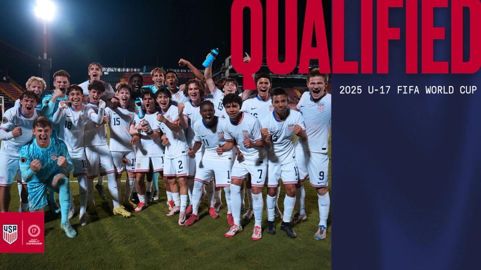 The US U17 MNT celebrates on the field with text overlayed QUALIFIED 2025 U17 FIFA WORLD CUP