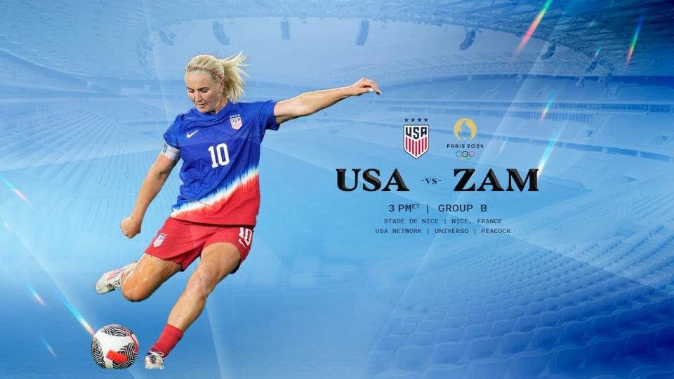 Graphic with a picture of Lindsey Horan on it and text USA vs ZAM 3 pm ET GROUP B Stade de NIce Nice, France USA Network Universo Peacock
