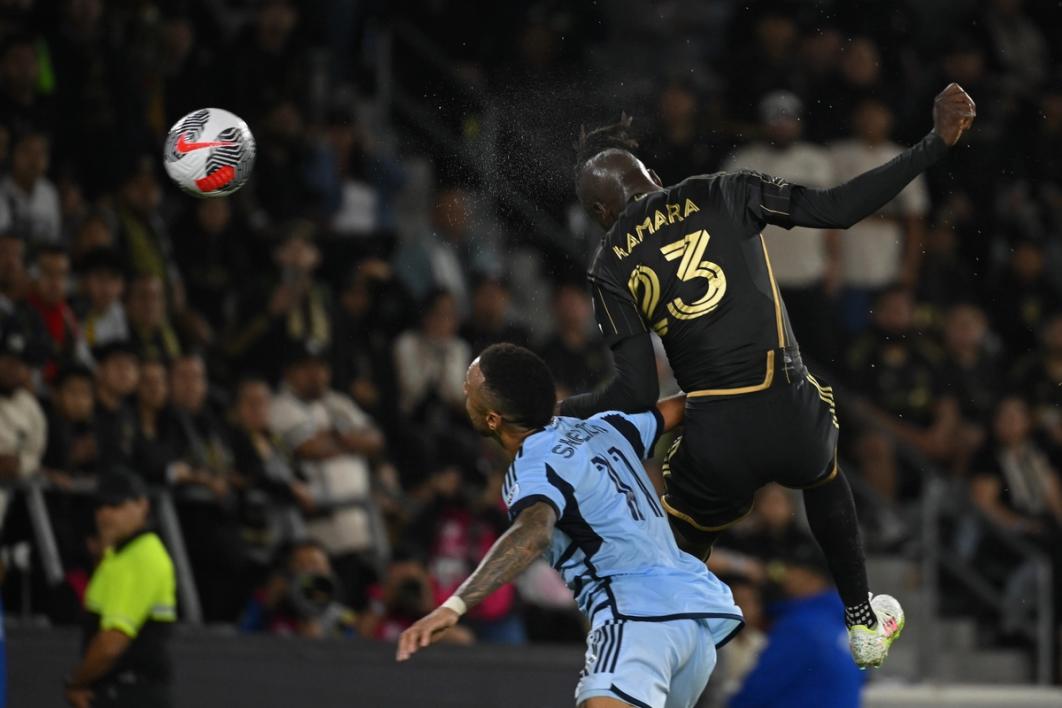 Kei Kamara leaps for a header chance on goal before scoring in the 2024 U.S. Open Cup Final