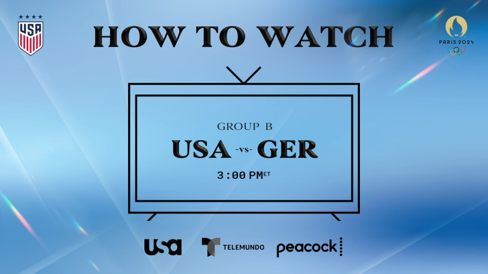 Graphic with text HOW TO WATCH Group B USA vs GER 3 pm ET USA Network Telemundo Peacock