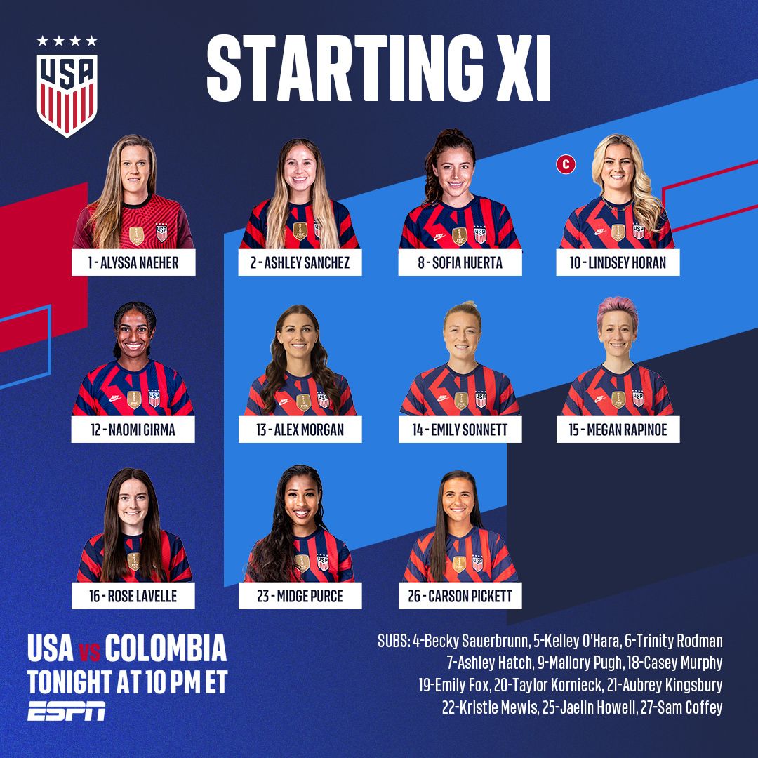 International Friendly USWNT vs Colombia 6 28 22 Starting XI Lineup Notes TV Channels Start Time