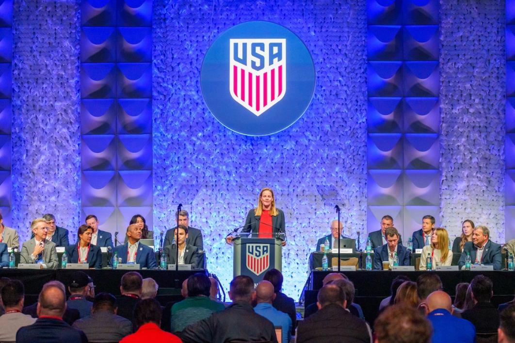 US Soccer President Cindy Parlow Cone addresses the membership at the 2025 AGM