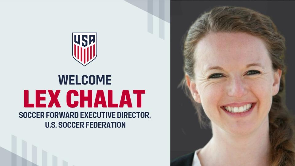 Graphic with a photo of Lex Chalat and text Welcome Lex Chalat Soccer Forward Executive Director U.S. Soccer Federation