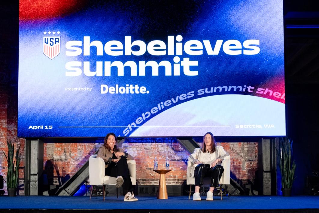 USWNT alum and TNT sports broadcaster Julie Foudy speaks onstage during the 2026 SheBelieves Summit with USA Women's Hockey and Seattle Torrent Hilary Knight in Seattle, Washington. (Photo by Ali Gradischer/USSF/Getty Images)