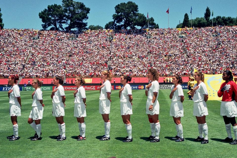 USWNT players at midfield for the National Anthem during the 1999 Womens World Cup match against Brazil