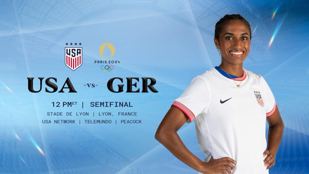 Graphic with Naomi Girma;  USA vs Germany; 12pm ET; Olympic Semifinal; Stade de Lyon; USA Network, Telemundo and Peacock