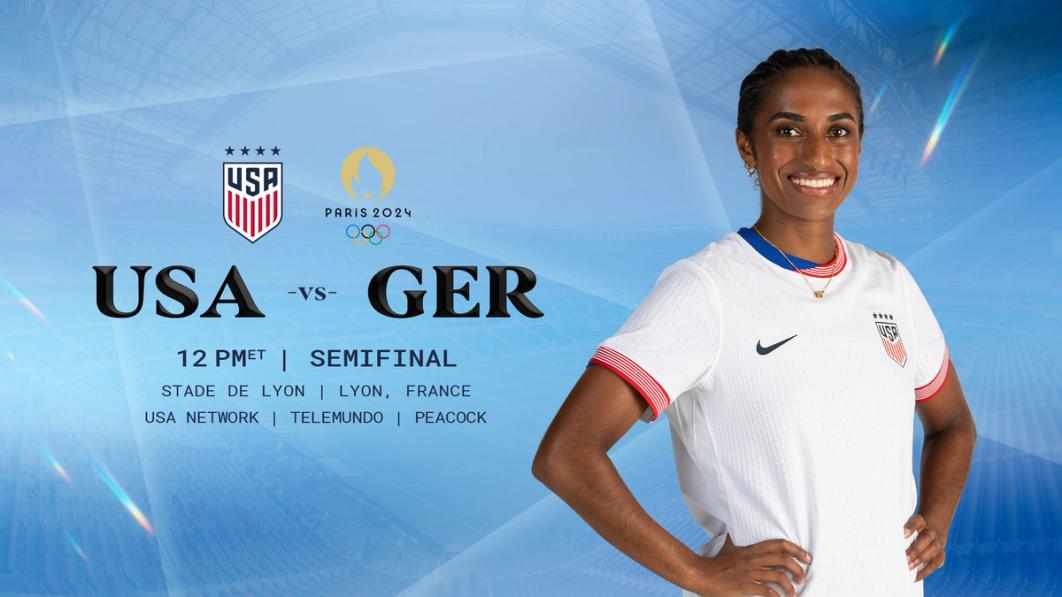 Graphic with Naomi Girma; USA vs Germany; 12pm ET; Olympic Semifinal; Stade de Lyon; USA Network, Telemundo and Peacock