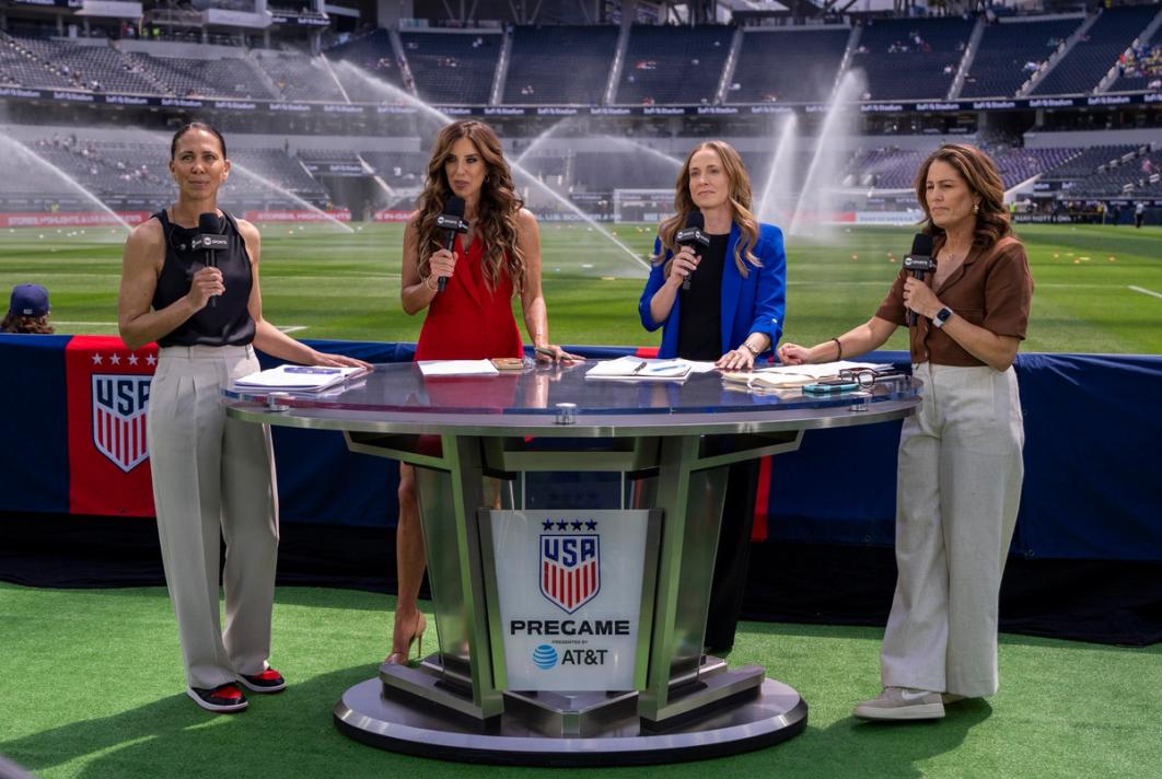 Sauerbrunn and her TNT Sports broadcast crew before match vs. Brazil on April 5, 2025