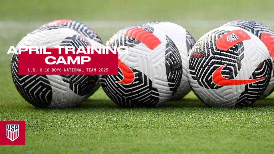 Black and white soccer balls on field text april training camp