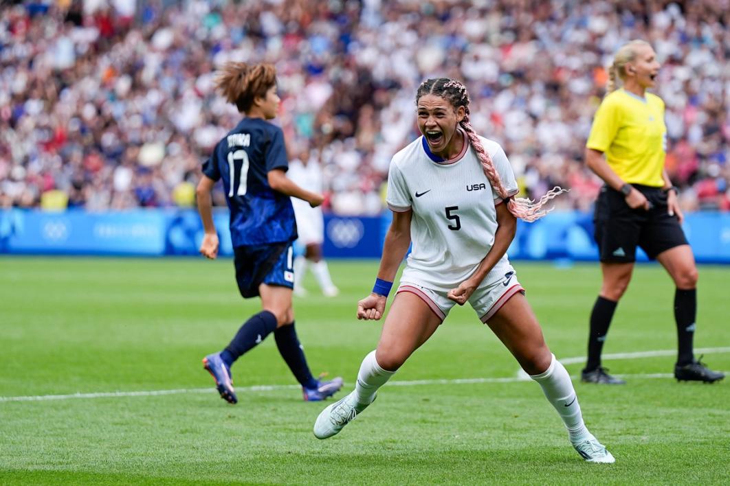 USWNT forward Trinity Rodman celebrates after scoring the game-winning goal against Japan.