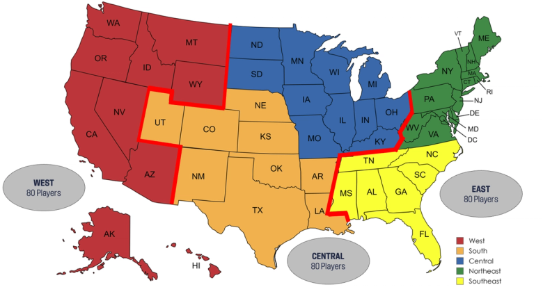 Map of the USA splitting up the different Talent ID regions