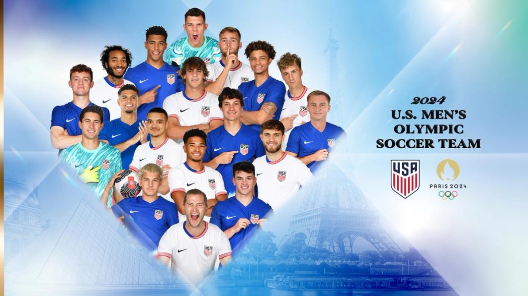 Graphic with text 2024 US Mens Olympic Soccer Team with pictures of the 18 players of the US Mens Olympic Soccer Team Roster