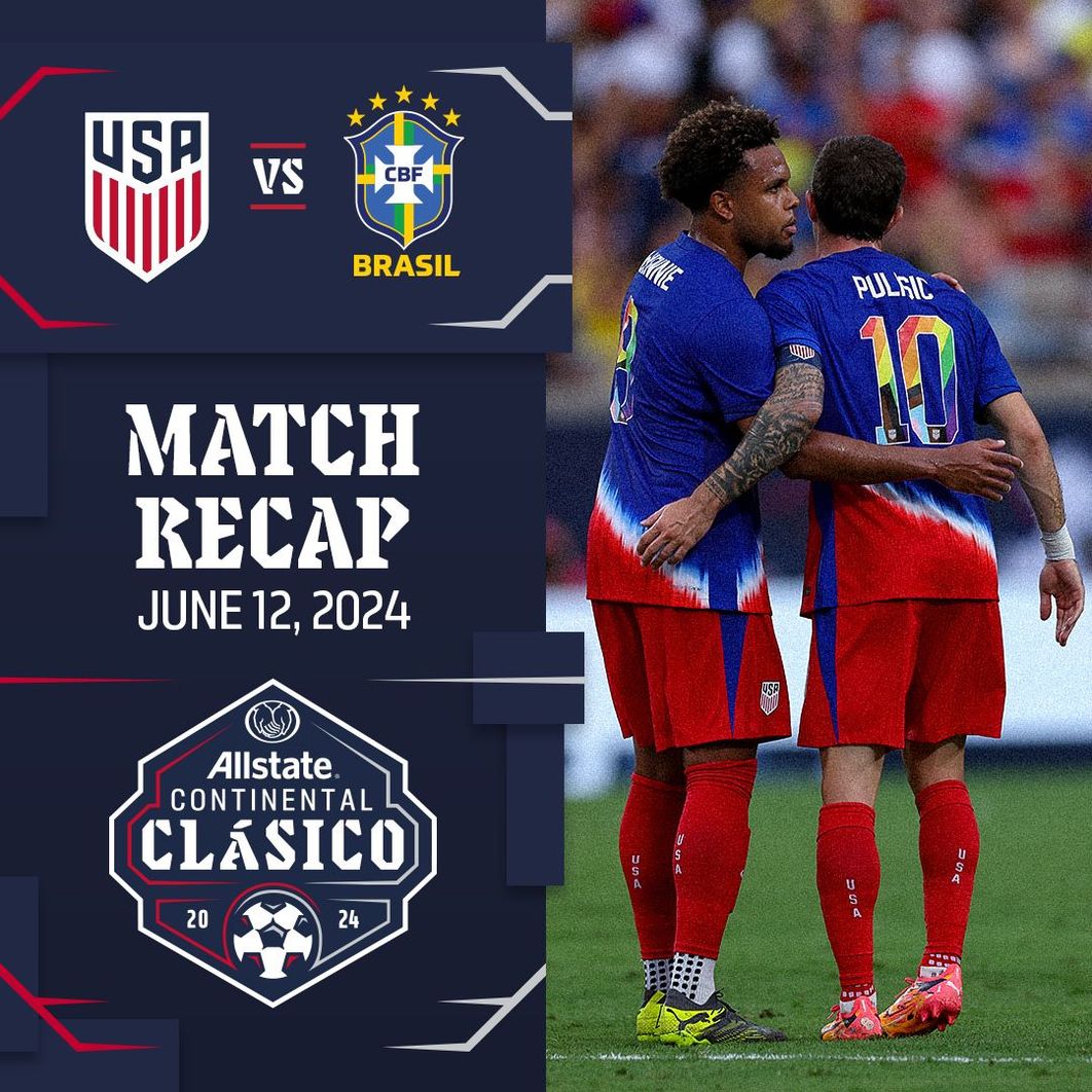 usa vs brazil match recap june 12 2024 with picture of weston mckennie and christian pulisic in blue shirts red shorts 
