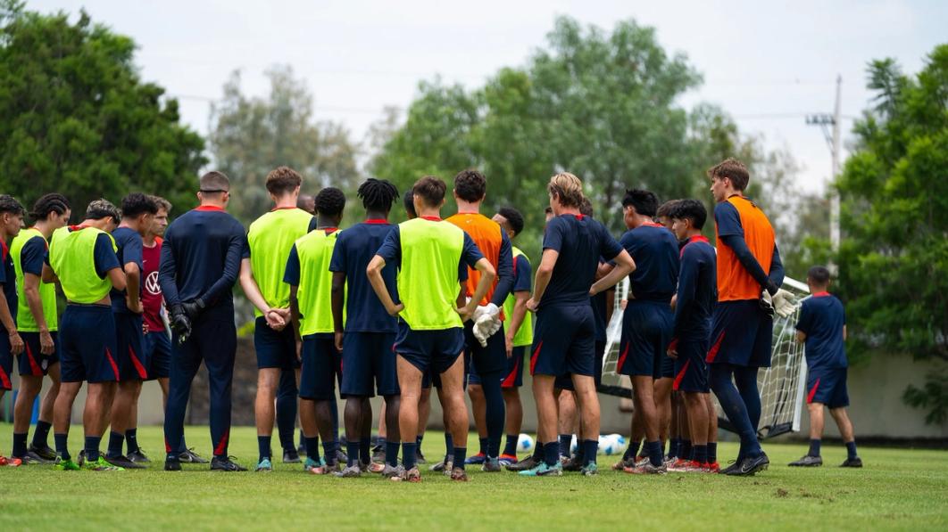 The US U20 MYNT Huddles during a practice