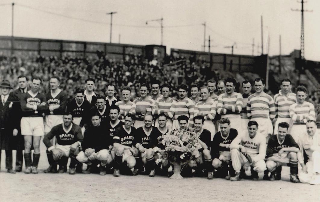 Sparta AC players and staff center field with a trophy