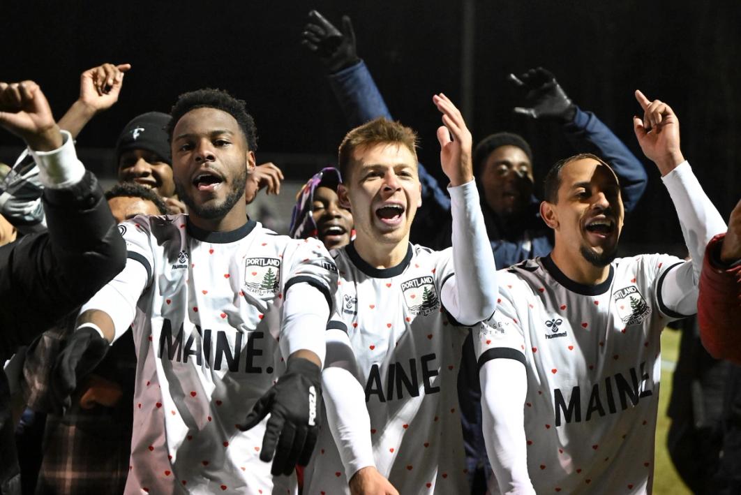 Portland Hearts of Pine players celebrate following an upset win in the US Open Cup