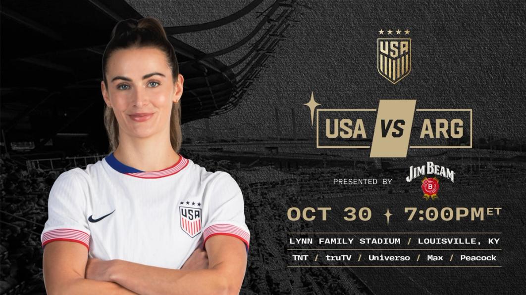 A graphic with a photo of Emily Fox and text USA vs ARG presented by Jim Beam Oct 30 7 pm ET