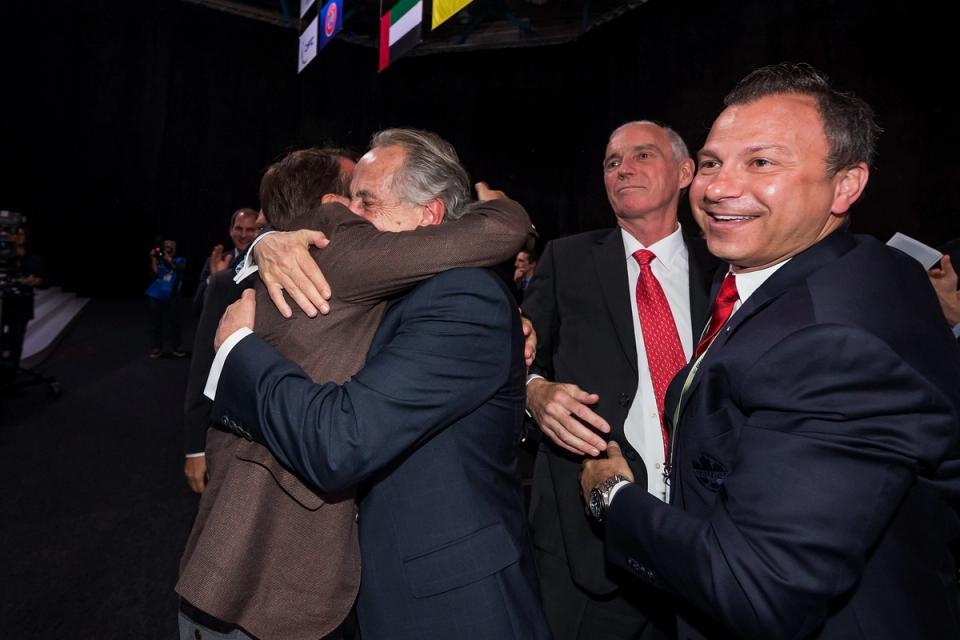 The United Bid is congratulated after winning the FIFA World Cup 2026 bid during the 68th FIFA Congress in 2018 in Moscow, Russia. (Photo by Joosep Martinson - FIFA/FIFA via Getty Images)