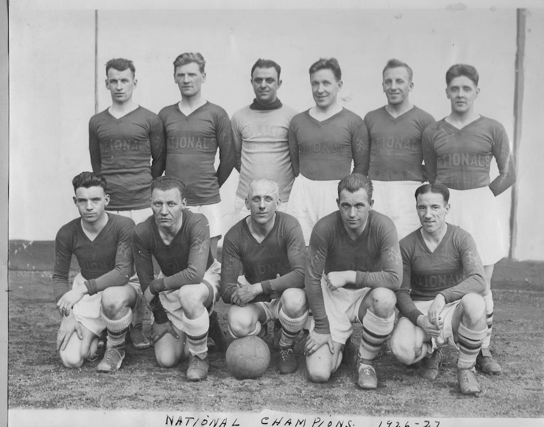 1928 U.S. Open Cup (National Challenge Cup) Champs the NY Nationals. Bob Millar (front and center with steely eyes in the above photo) played for 12 teams in 20 years and was considered as good a brawler as a player. He went on to coach Bart McGhee (front, right) at the first  FIFA World Cup, played in Uruguay in 1930. That USMNT’s third-place finish still stands as this country’s best-ever performance in a Men’s World Cup.  