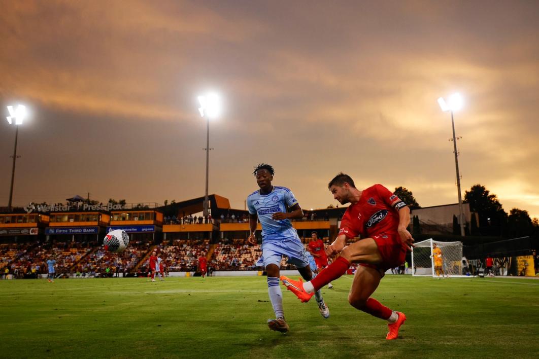 Indy Eleven kicking the ball against Atlanta United in the 2024 Open Cup