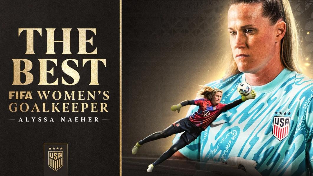 Graphic with photos of Alyssa Naeher and text The Best FIFA Women's Goalkeeper Alyssa Naeher