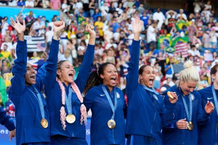 The USWNT celebrates winning the 2024 Paris Olympics