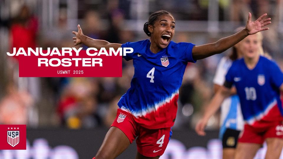 Graphic with a photo of Naomi Girma and text January Camp Roster