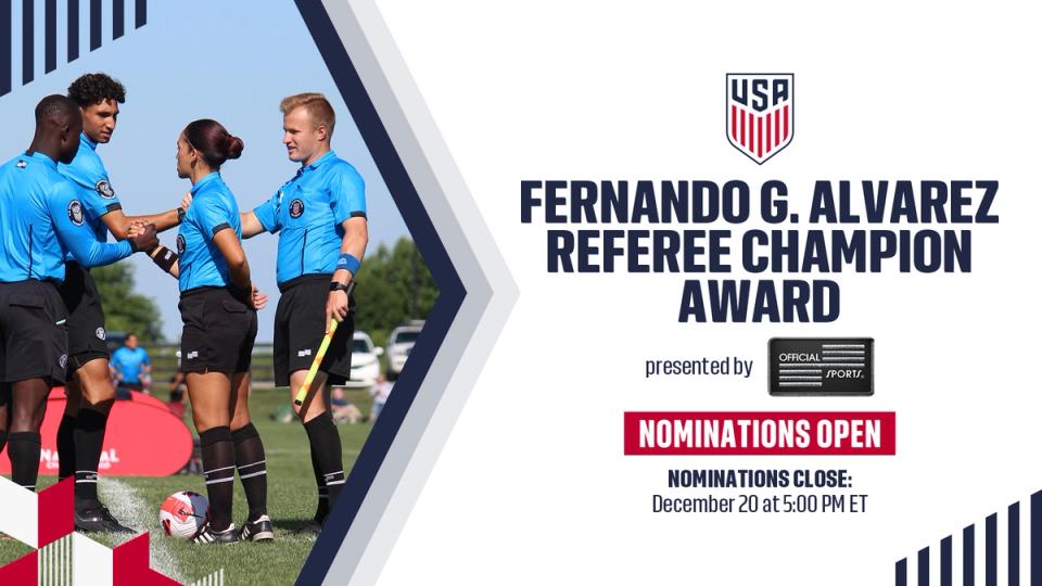 Graphic with text Fernando G Alvarez Referee Champion Award Nominations Open