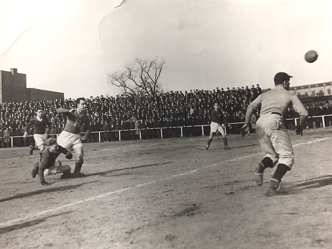    Action from the 1944 U.S. Open Cup Semifinal between a pair of New York City super-clubs of the time, Brooklyn Hispano (with the H on their chests) and Brooklyn Celtic. Hispano went on to win that year’s edition of the tournament by beating Morgan Strasser of Pittsburgh. 