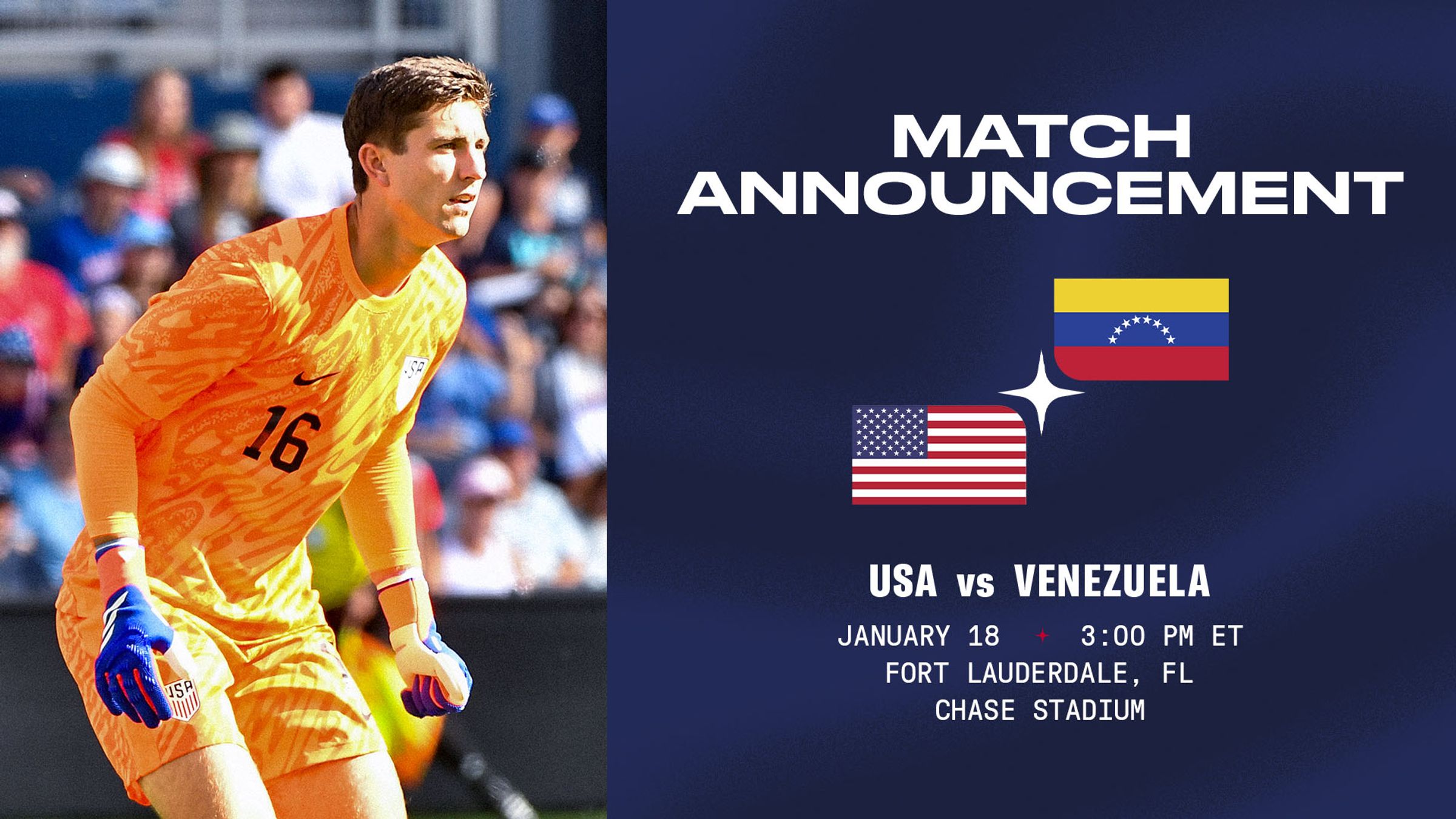 Match Announcement USA vs Venezuela January 18 3 PM ET Fort Lauderdale, FL Chase Stadium