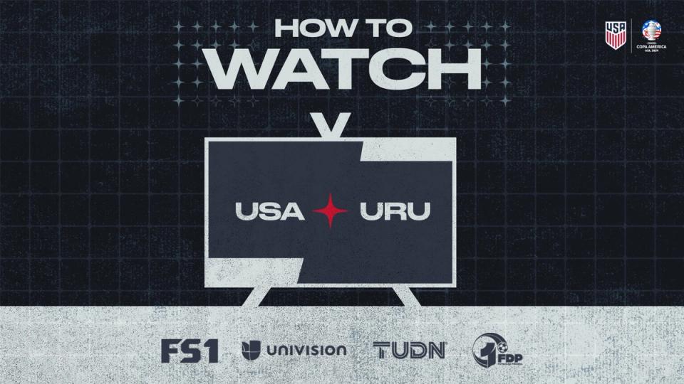 Graphic with text How to Watch USA URU FS1 Univision TUDN FDP Radio